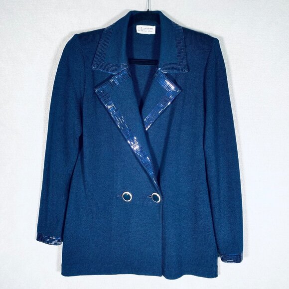 Vintage St John Jacket Womens M Blue Double Breasted Blazer Sequins Old Money - Picture 1 of 11